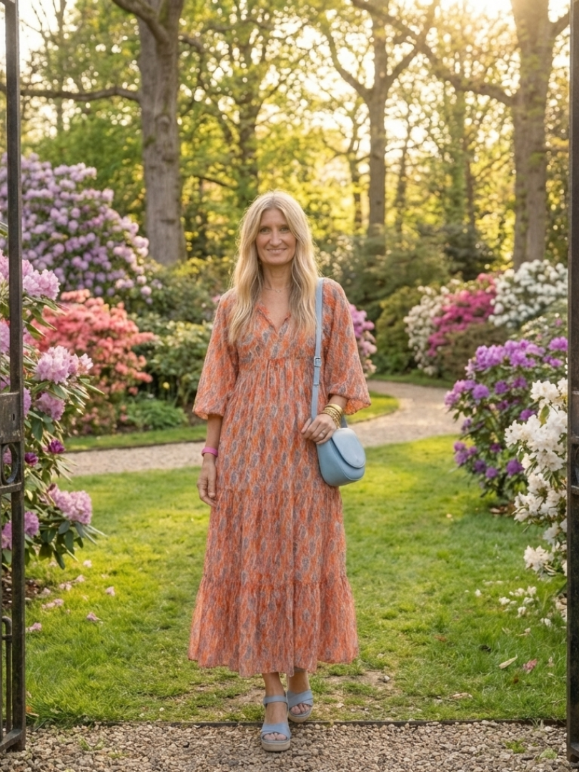 Robe midi fluide géométrique — portée en ensemble complet