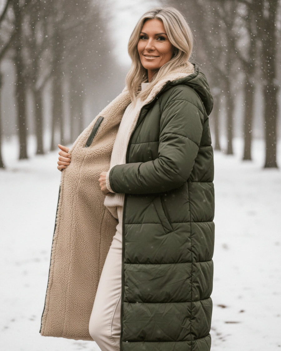 Manteau Long Matelassé à Capuche Bordée