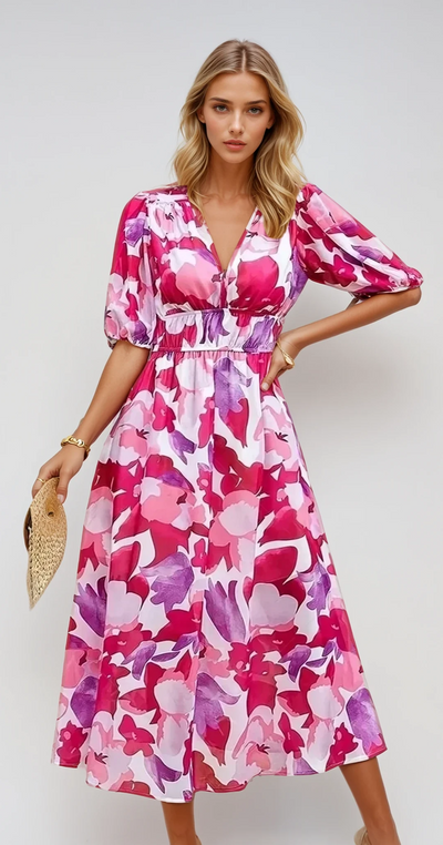 Amélie - Robe midi d'été à col en V et imprimé floral