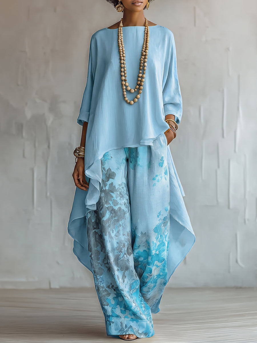 Ensemble Colombe — tunique asymétrique et pantalon large bleu ciel, vue de face