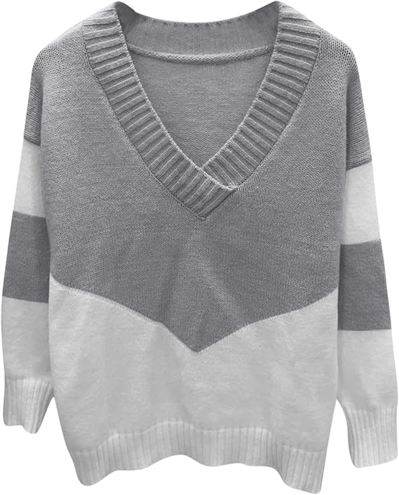 Pull Col V Chevron Bicolore Coupe Ample