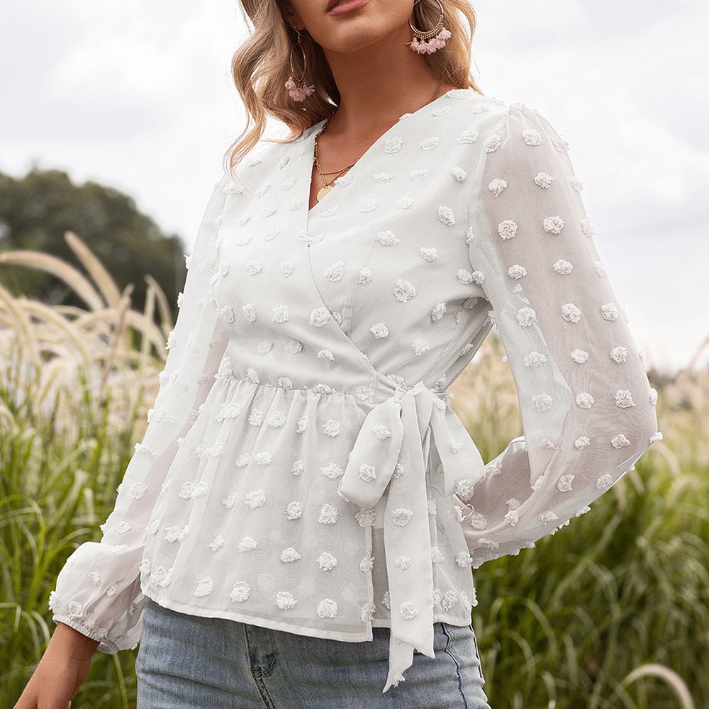 Anita - Blouse de printemps en dentelle jacquard avec col en V pour femme
