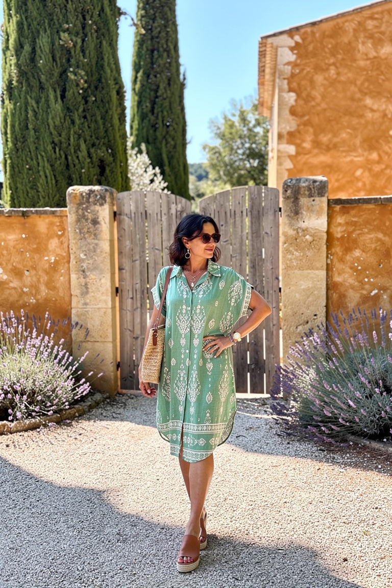 Robe Évasée Imprimée avec Poches - Coupe Fluide Femme — Vert — Estée Paris
