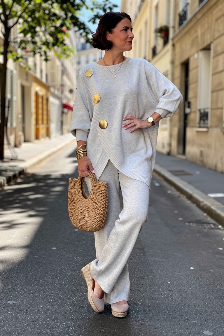 Ensemble Chic Col Montant et Pantalon Ample — Gris Clair — Esteé Paris
