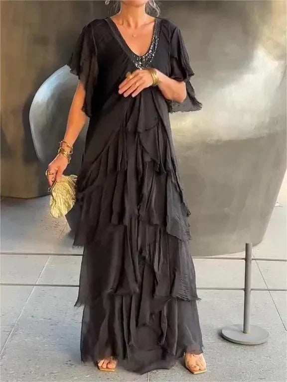 Robe Maxi Élégante Encolure V et Manches Froncées