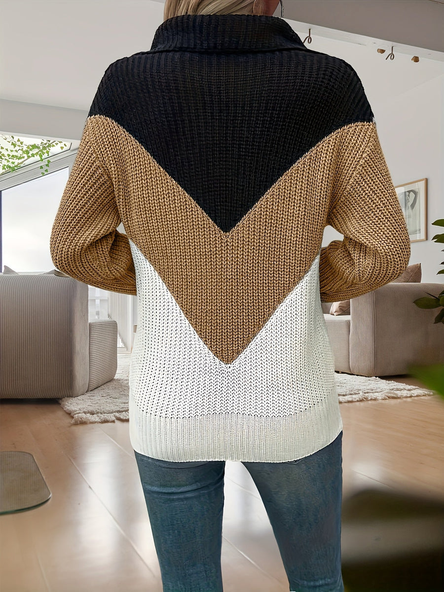 Pull Col V Colour-Block à Demi-Zip