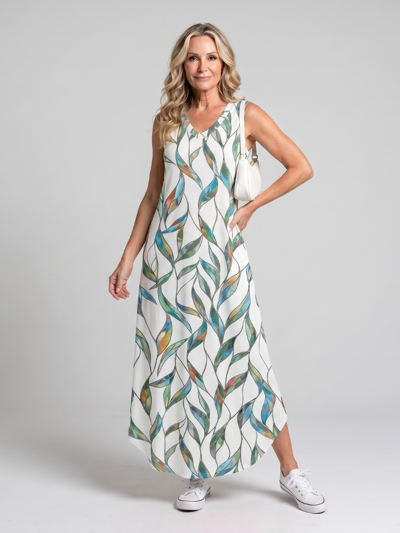 Robe Midi Tropical — détail de la coupe ample et confortable