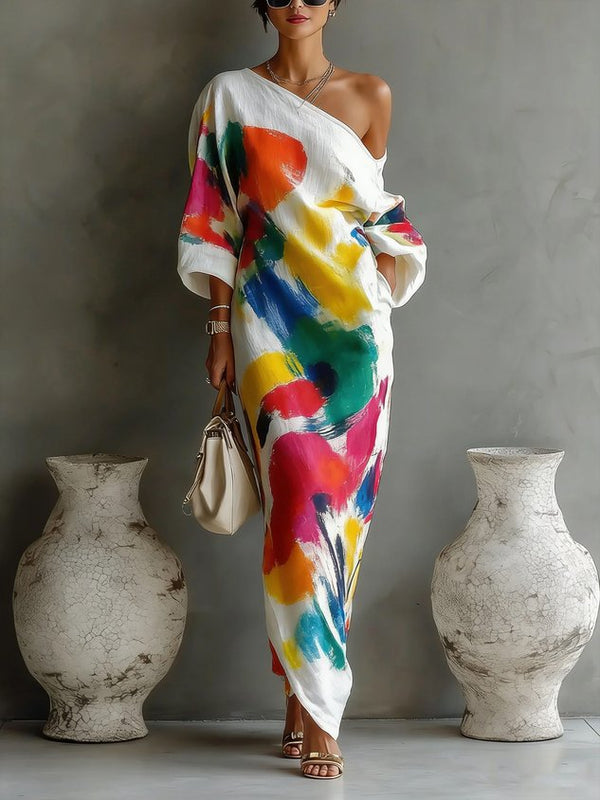 Robe Asymétrique Motif Abstrait Longueur Maxi