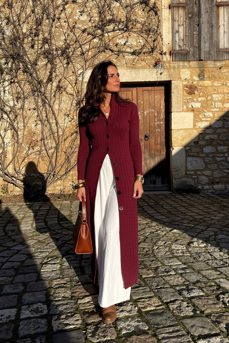 Cardigan Long Col Montant Côtelé — Bordeaux — Esteé Paris