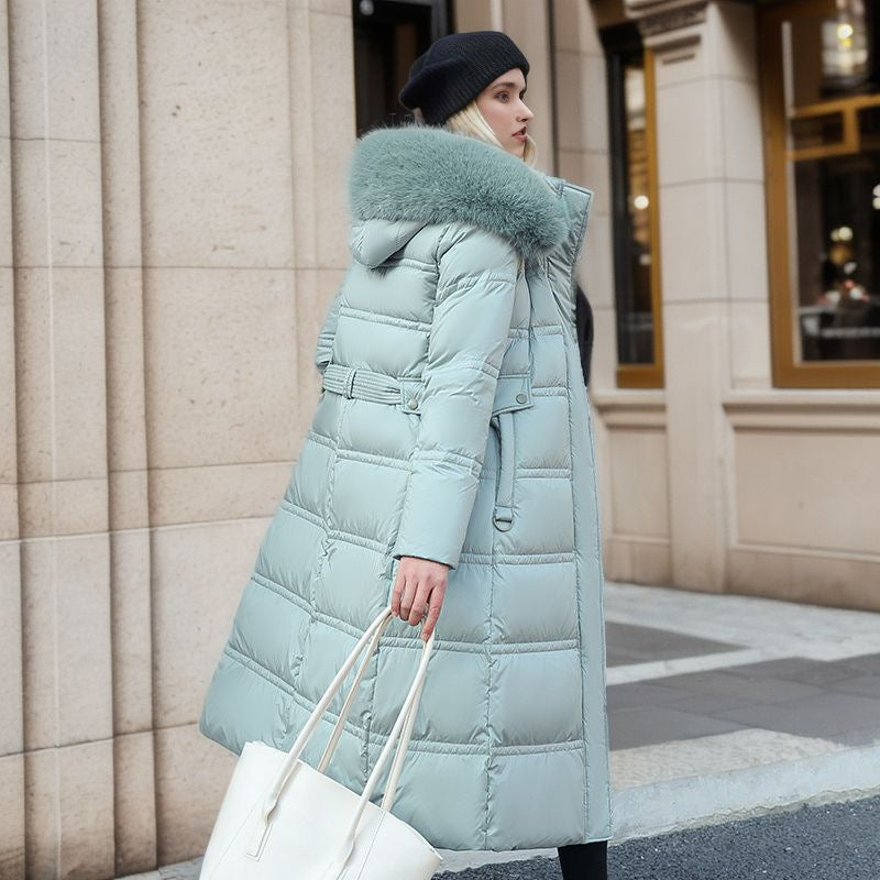Manteau Long Matelassé à Capuche Bordée Fourrure