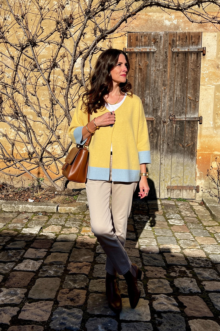 Cardigan Color-Block Col V Coupe Ample — Jaune — Esteé Paris