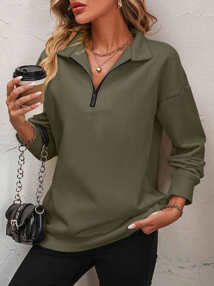 Sweat Col Zippé Demi-Hauteur Épaules Tombantes