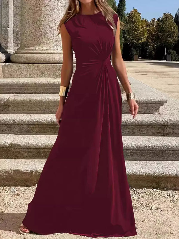 Robe Longue Fluide Encolure Ronde Froncée - Élégance Intemporelle