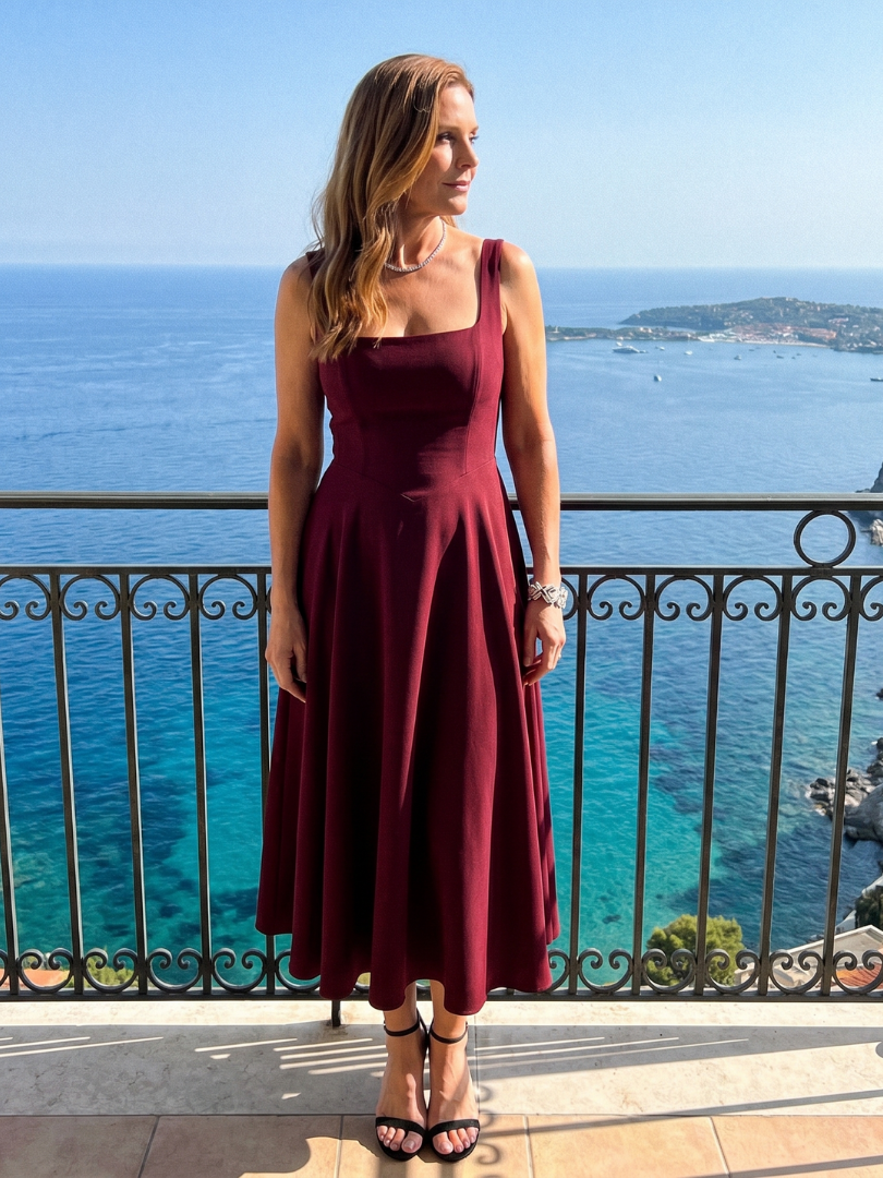 Robe Midi encolure carrée — détail des finitions et coutures