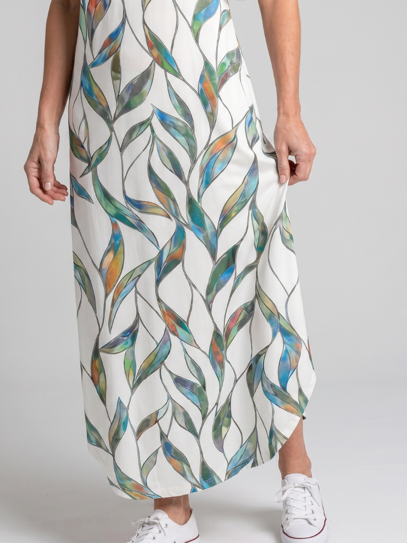 Robe Midi Tropical — vue de face, imprimé tropical affiné