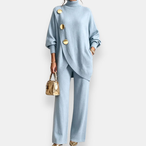 Conjunto Elegante de Cuello Alto Asimétrico y Pantalón Ancho