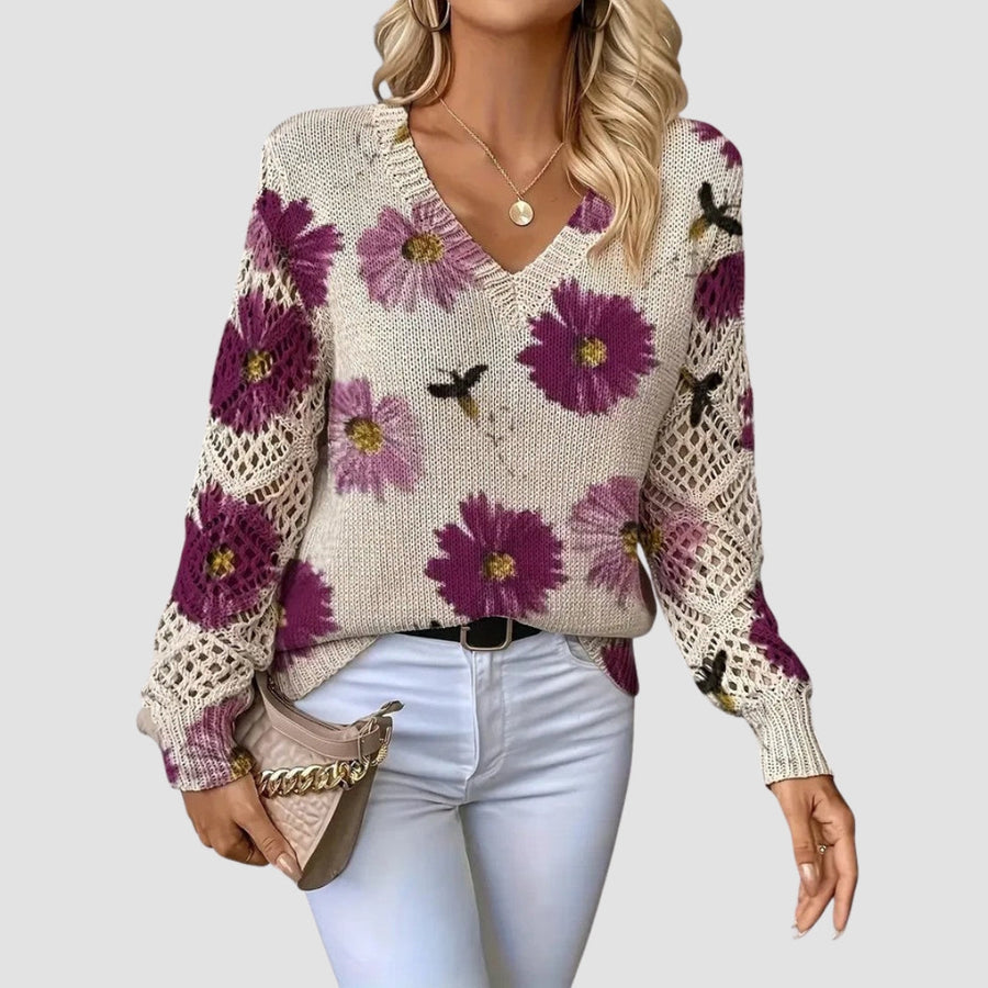 Pull fleuri col V — vue arrière, tombé harmonieux