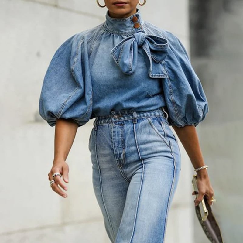 Nora - Pull à col roulé en coton pour femme avec laçage en denim