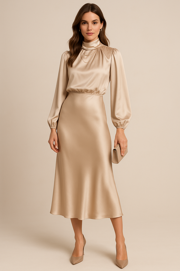 Robe Midi Taille Haute Col Montant - Élégance Intemporelle
