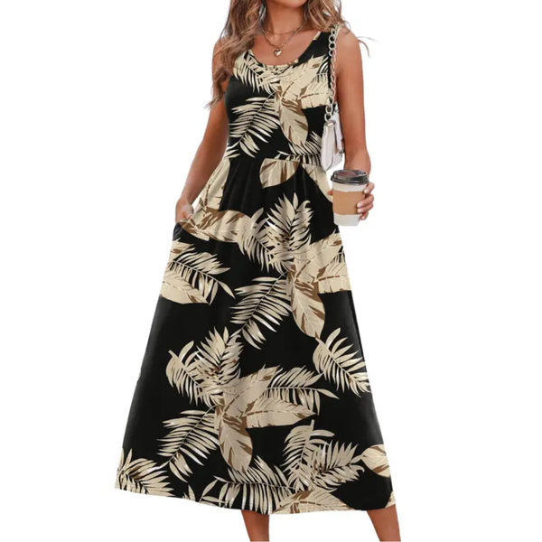 Robe Midi Bohème Fluide à Encolure Licou - Évasée et Imprimée