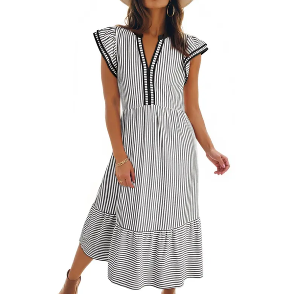 Robe Midi à Rayures et Volants - Encolure V Élégante