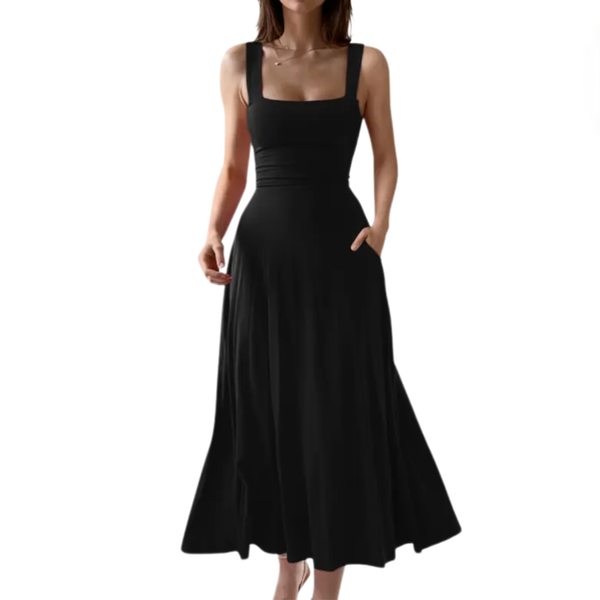 Robe Midi Trapèze Encolure Carrée - Lacet Dos Ajustable