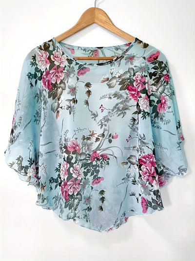 Blouse asymétrique florale - Manches transparentes et design pullover