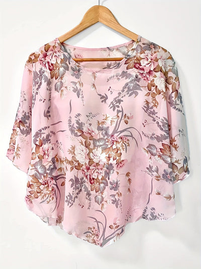 Blouse asymétrique florale - Manches transparentes et design pullover