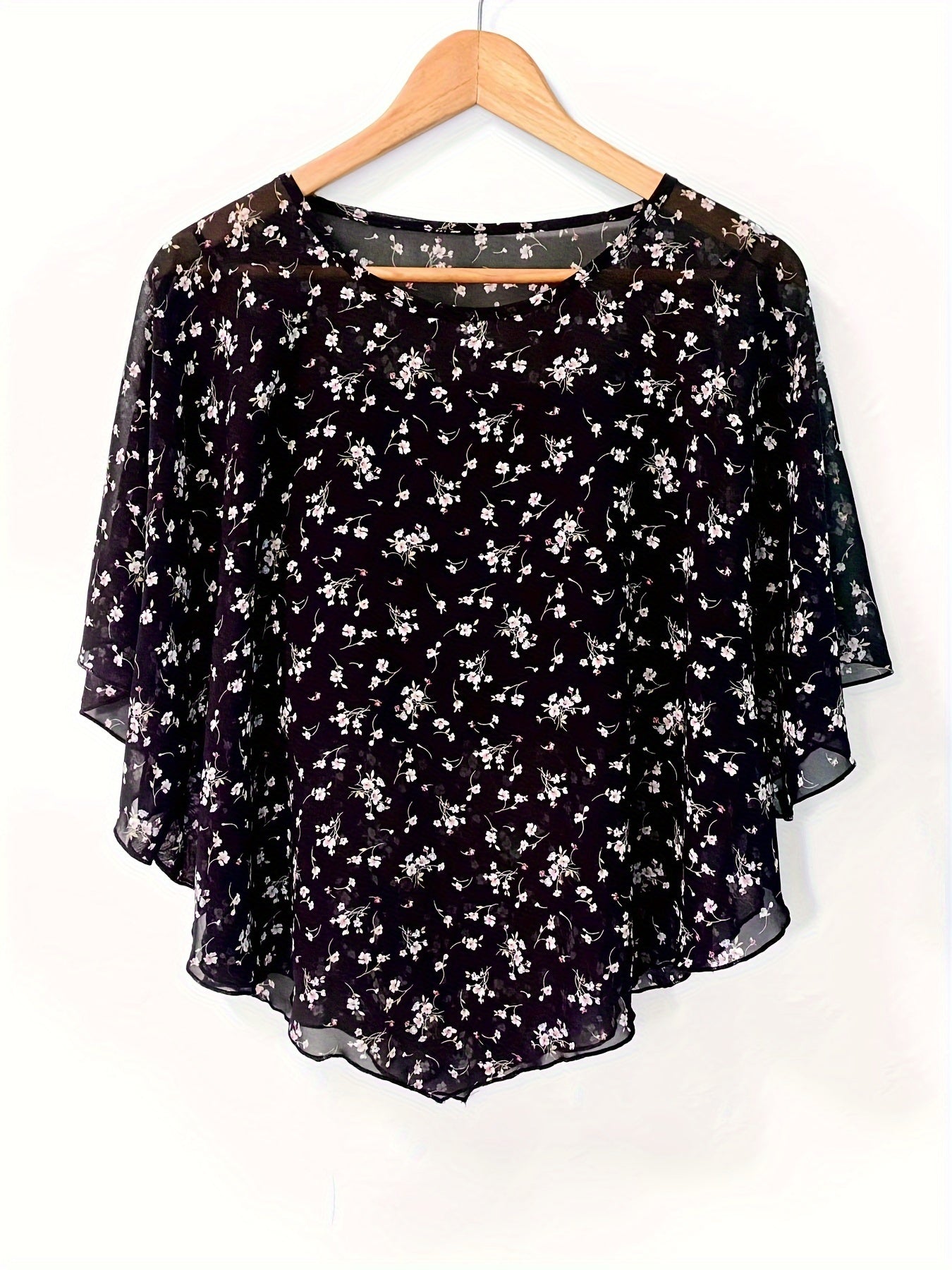 Blouse asymétrique florale - Manches transparentes et design pullover