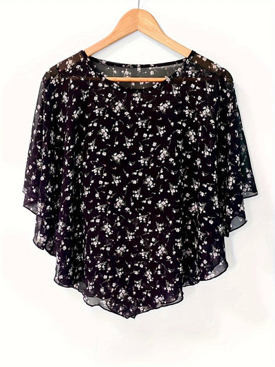 Blouse asymétrique florale - Manches transparentes et design pullover