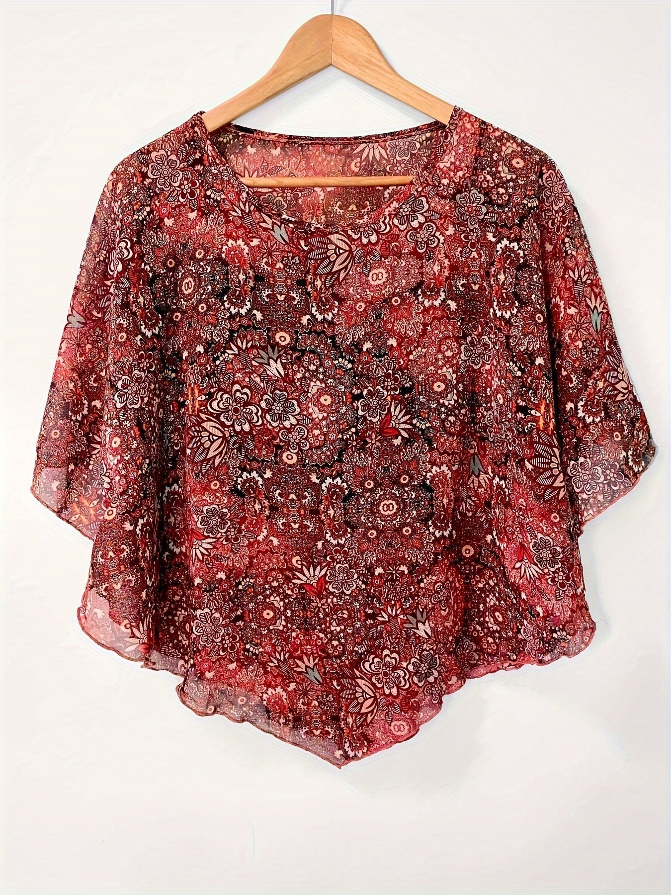 Blouse asymétrique florale - Manches transparentes et design pullover