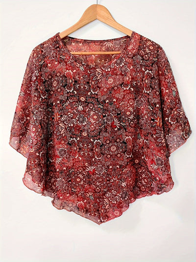 Blouse asymétrique florale - Manches transparentes et design pullover