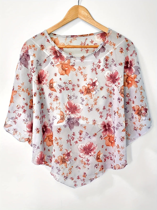 Blouse asymétrique florale - Manches transparentes et design pullover