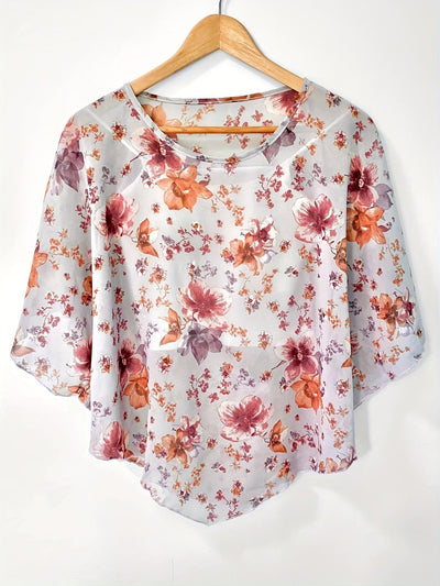 Blouse asymétrique florale - Manches transparentes et design pullover