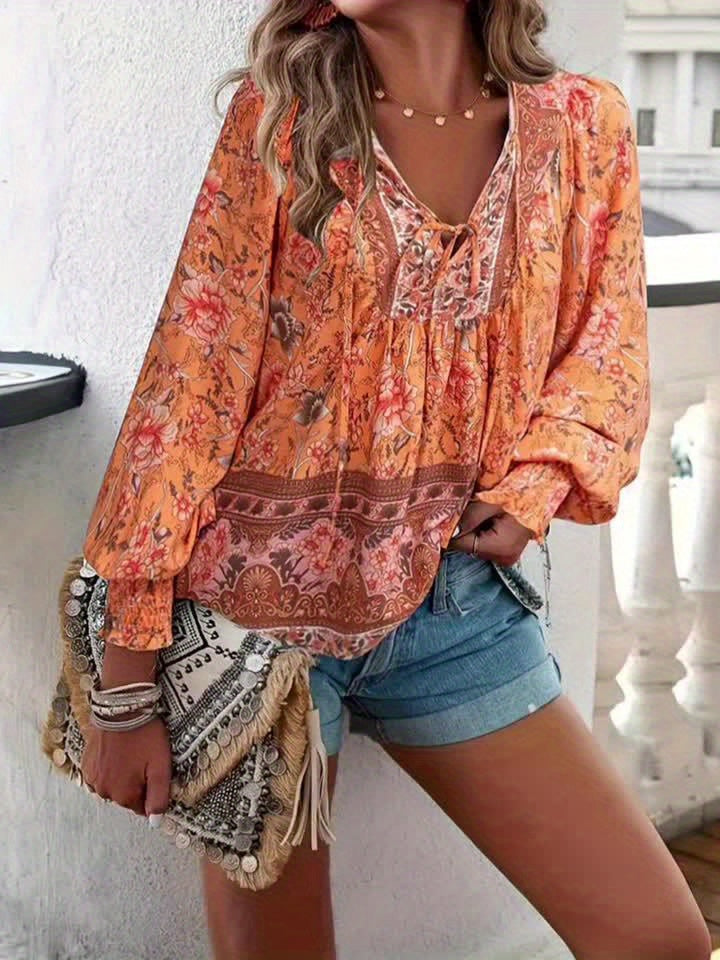 Chemise avec nœud floral - Manches lanternes et coupe décontractée