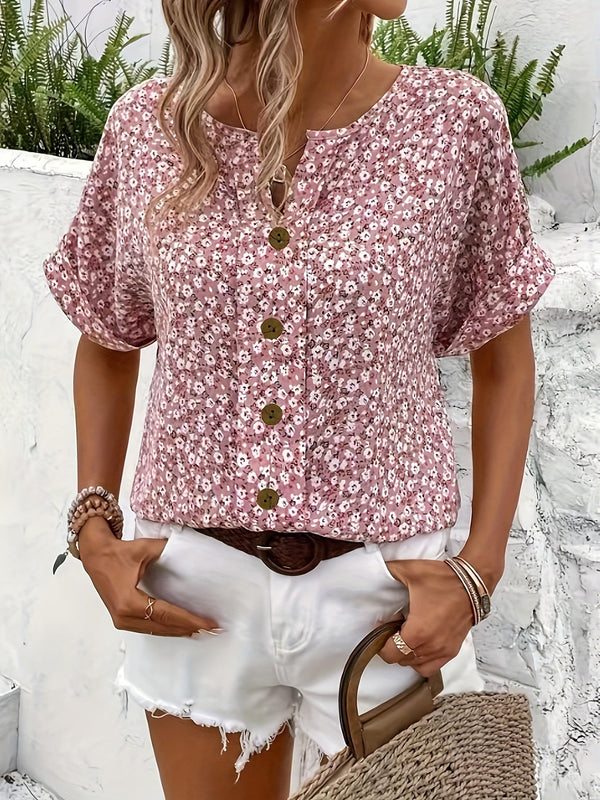 Chemise à manches courtes à col en V floral - Fermeture par boutons et tissu respirant