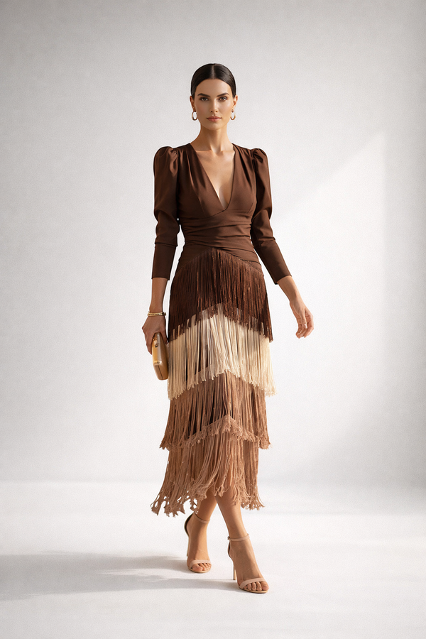 Robe Midi Frangée Élégante — Silhouette Raffinée et Mouvementée