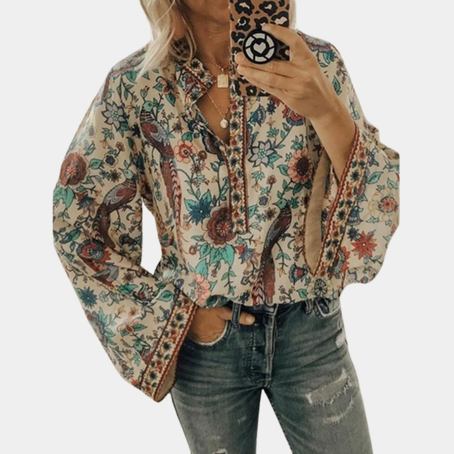 Chemisier Anoek — chemisier motif floral abricot, vue de face