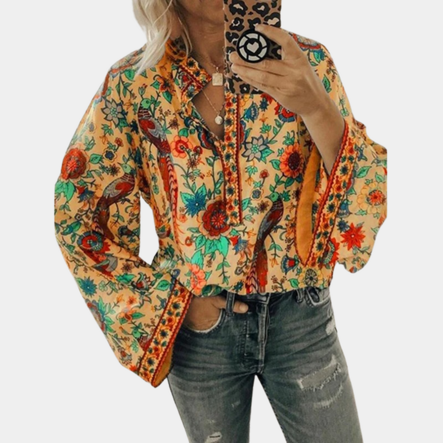 Chemisier Anoek — chemisier à motif floral orange, vue de face