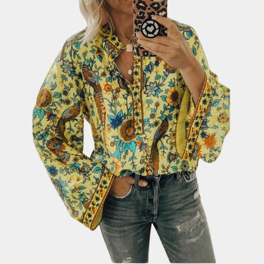 Chemisier Anoek — blouse à motif floral jaune, vue de face
