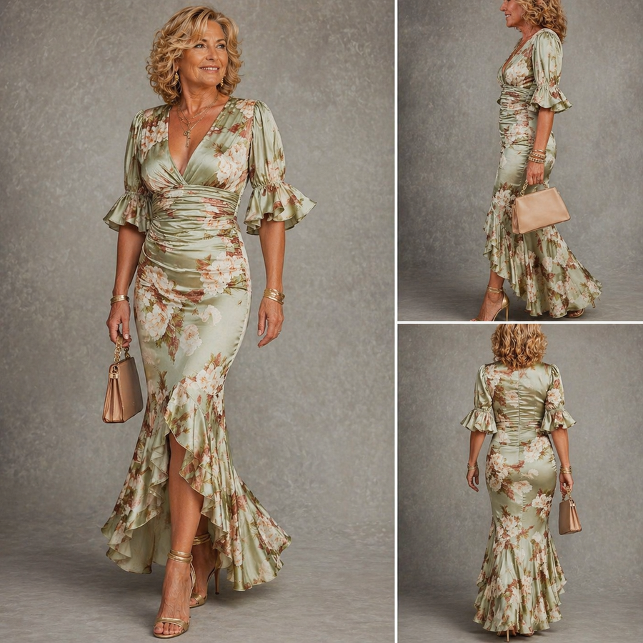 Robe Julie — détail du motif floral et du décolleté en V