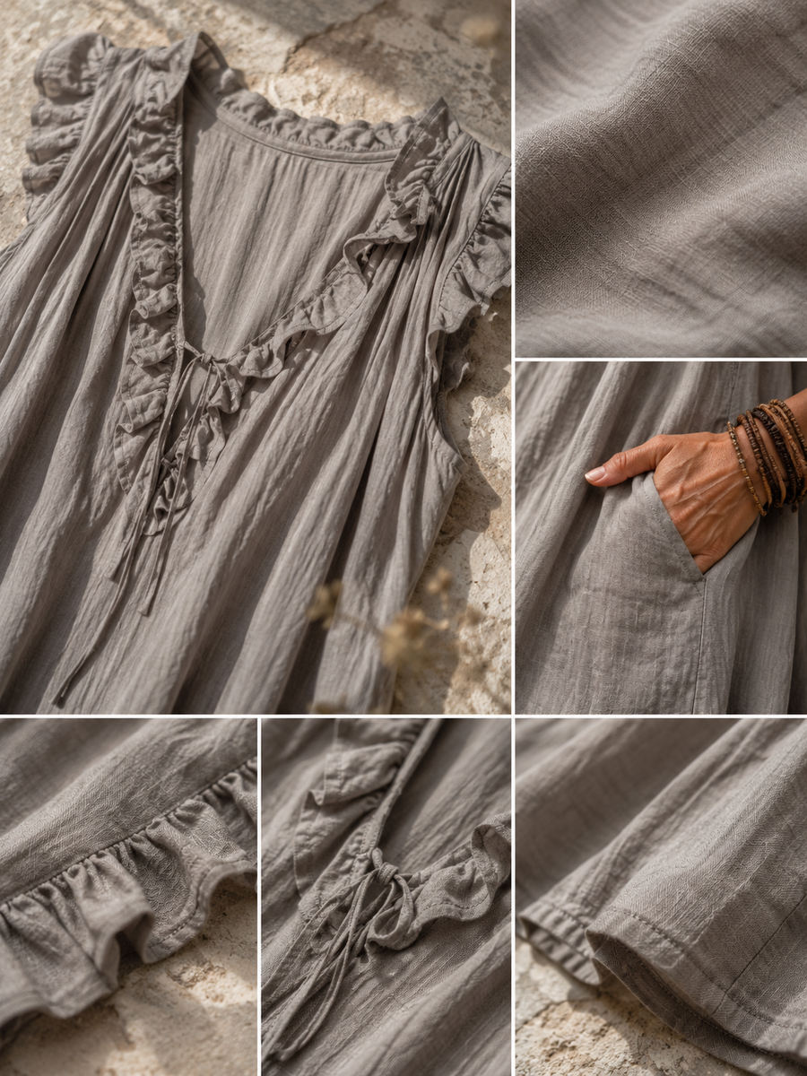 Robe Camélia — détail rapproché du décolleté en V volants