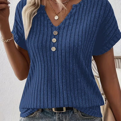 T-shirt décontracté à rayures - col en V et fermeture boutonnée