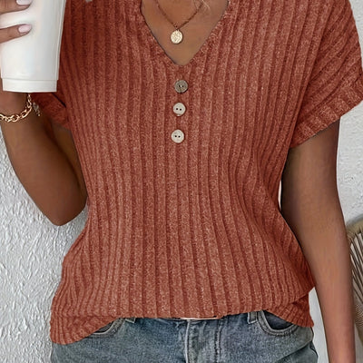 T-shirt décontracté à rayures - col en V et fermeture boutonnée