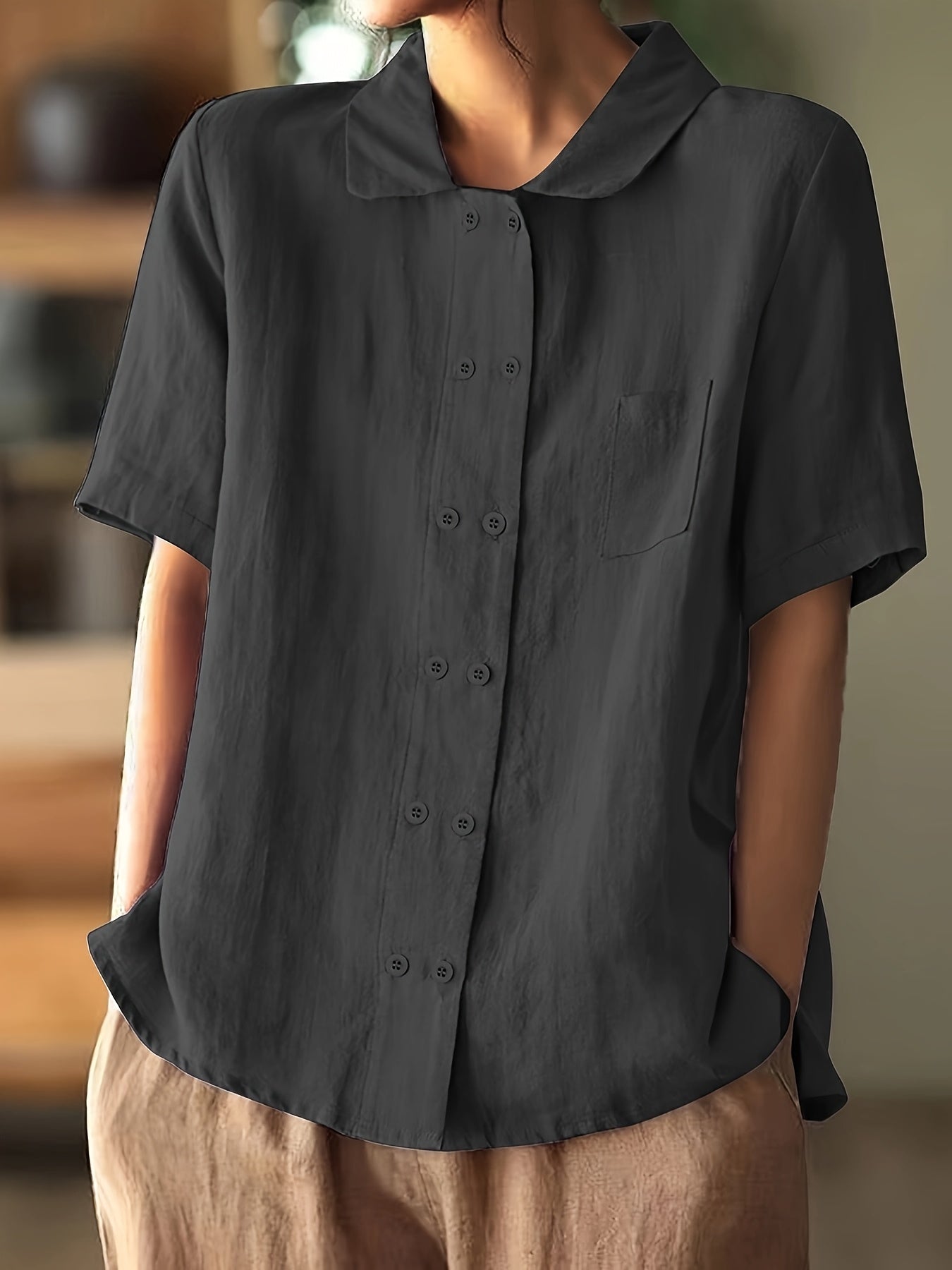 Chemise décontractée en coton à manches courtes - Coupe ample et boutons