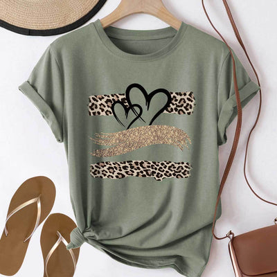 T-shirt décontracté - Manches courtes & imprimé léopard avec graphisme en forme de cœur