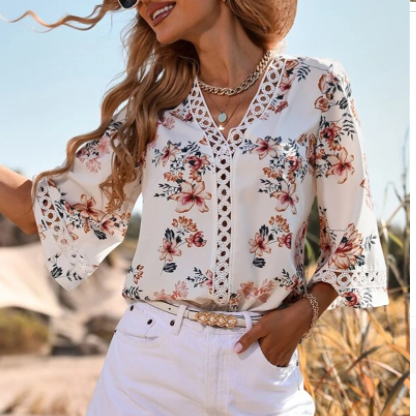 Chemise décontractée à col en V - Tissu aéré et forme ample