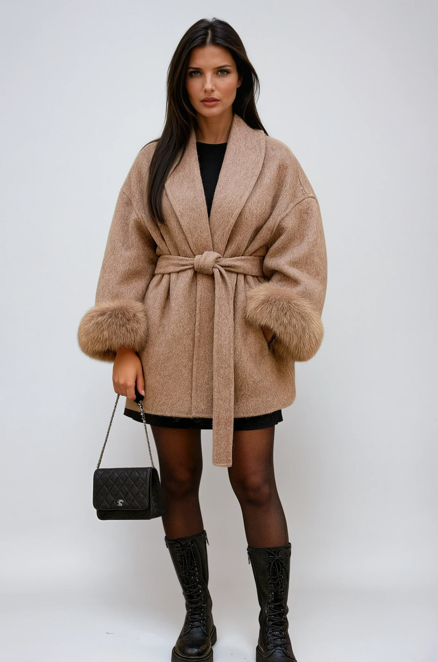 Manteau Effet Fourrure à Ceinture Nouée