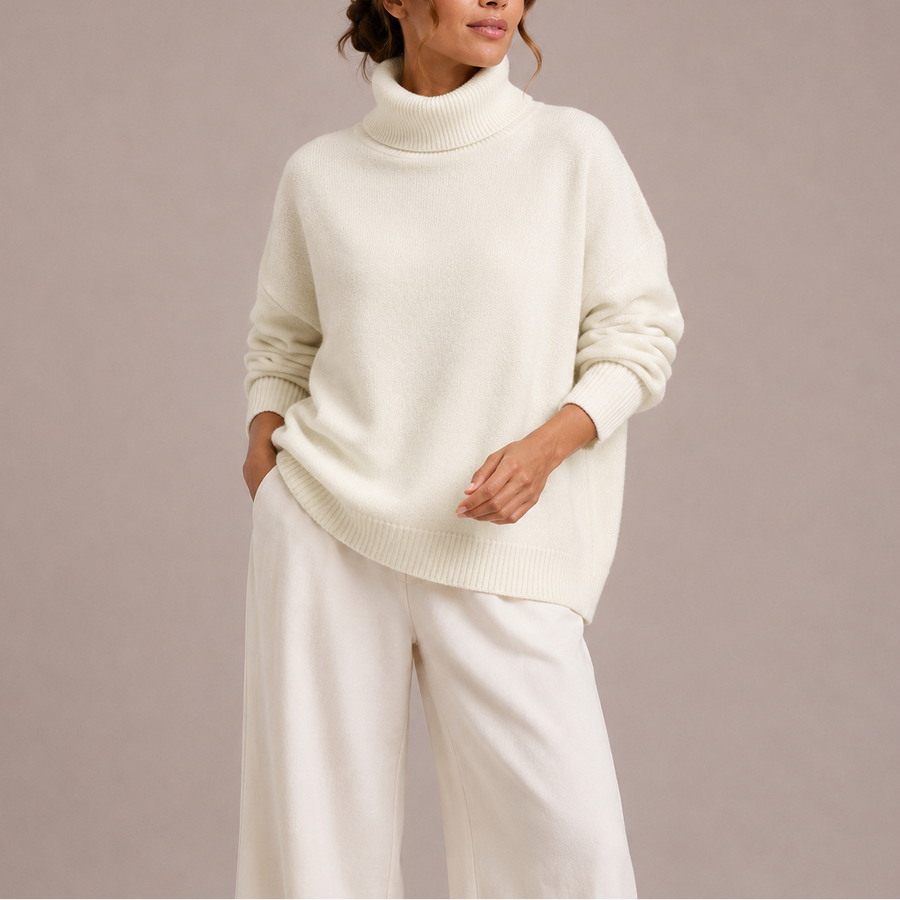 Pull col roulé oversize — vue de profil mettant en avant la coupe ample