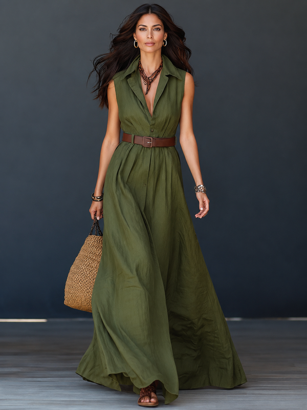 Vestido largo camisero fluido con cinturón a juego de regalo